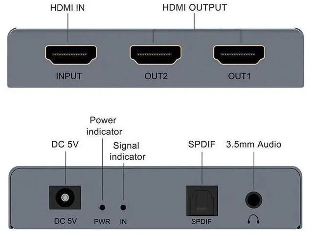 Alt view image 3 of 6 - HDMI 2.0 1 In 2 Out Audio Extractor Splitter 4K@60Hz HDCP2.2 Decoder Box with SPDIF Optical Port and 3.5mm AUX Jack Separates Video and Audio for TV Speaker Headphone Sound Output