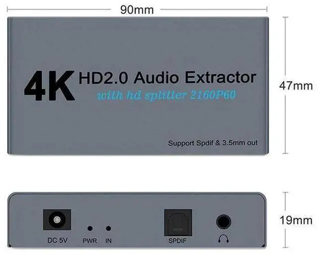 Alt view image 4 of 6 - HDMI 2.0 1 In 2 Out Audio Extractor Splitter 4K@60Hz HDCP2.2 Decoder Box with SPDIF Optical Port and 3.5mm AUX Jack Separates Video and Audio for TV Speaker Headphone Sound Output