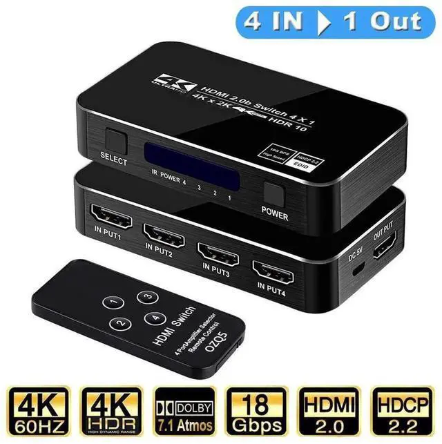 Main image of 4K@60Hz HDMI 2.0 Switch 4 Input 1 Output with IR Remote & Auto Switch Function HDCP2.2 HDR 3D Full HD HDMI Selector Box Compatible with PS5 PS4 Xbox Roku Apple TV Model OZQ5