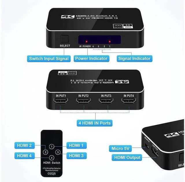 Alt view image 4 of 7 - 4K@60Hz HDMI 2.0 Switch 4 Input 1 Output with IR Remote & Auto Switch Function HDCP2.2 HDR 3D Full HD HDMI Selector Box Compatible with PS5 PS4 Xbox Roku Apple TV Model OZQ5