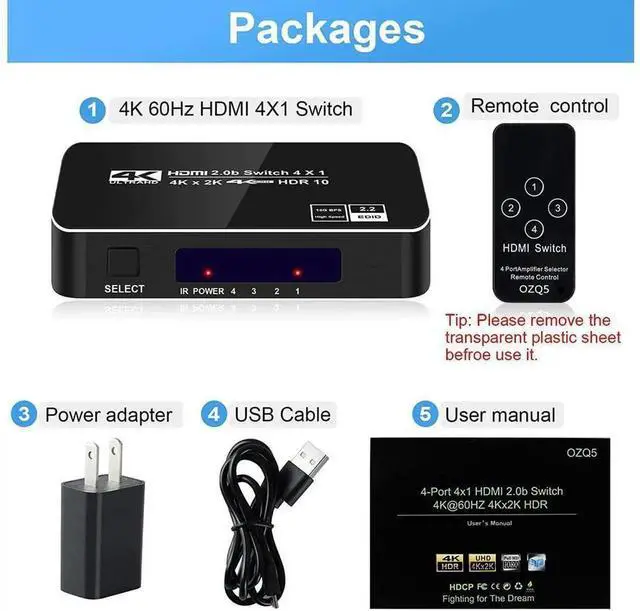 Alt view image 5 of 7 - 4K@60Hz HDMI 2.0 Switch 4 Input 1 Output with IR Remote & Auto Switch Function HDCP2.2 HDR 3D Full HD HDMI Selector Box Compatible with PS5 PS4 Xbox Roku Apple TV Model OZQ5