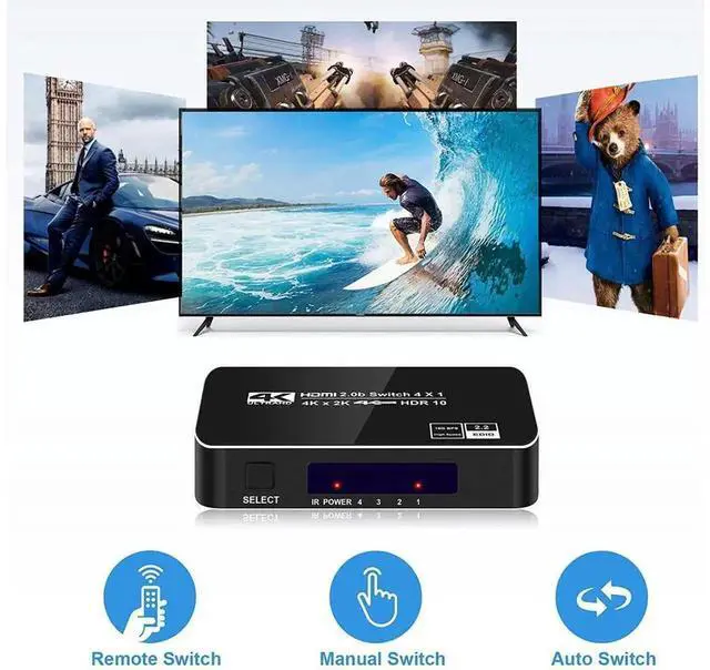 Alt view image 7 of 7 - 4K@60Hz HDMI 2.0 Switch 4 Input 1 Output with IR Remote & Auto Switch Function HDCP2.2 HDR 3D Full HD HDMI Selector Box Compatible with PS5 PS4 Xbox Roku Apple TV Model OZQ5
