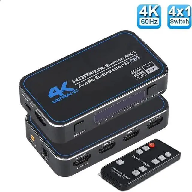 Main image of OZQ4 4 in 1 Out HDMI 2.0b Switch with Audio Extractor 4K@60Hz HDR10 HDCP2.2 3D HDMI Selector Box IR Remote Control Optical SPDIF and 3.5mm Stereo Audio Output for Home Theater Game Consoles