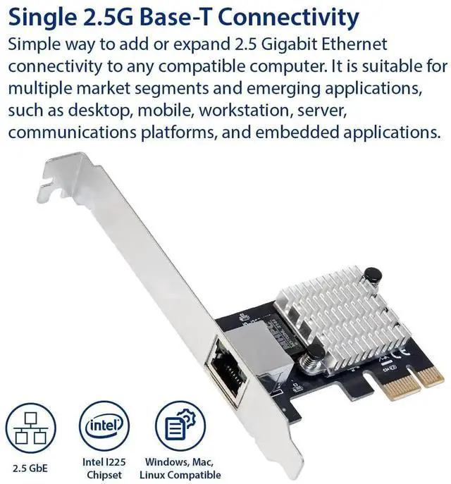 Alt view image 7 of 7 - 2.5G PCIe Network Card Intel I225 Chipset, PCI Express RJ45 LAN Adapter 10/100/1000/2500Mbps Gigabit Ethernet NIC SY-PEX24076 for Desktop PC Gaming Server High Speed Network Expansion