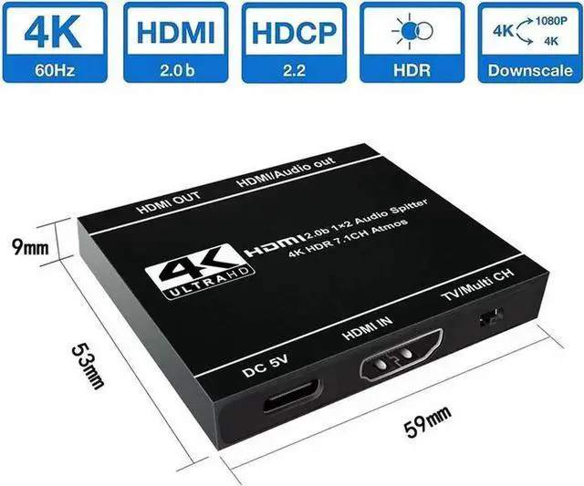 Alt view image 5 of 5 - Torpedo Nova HDMI 2.0 1x2 Splitter with Built-in Scaler, 4K@60Hz 18Gbps HDCP 2.2 Bypass, HDR10 Dolby Vision Dolby Atmos Support, Independent Resolution Downscale for Dual Different Displays