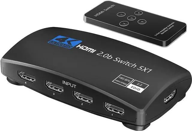 Main image of 5 Port HDMI 2.0b Switch 5 in 1 Out with IR Remote Control, 4K@60Hz UHD HDMI Switcher Selector Box Support HDR HDCP 2.2, Compatible with PS5 Xbox Nintendo Switch Apple TV Laptop TV Box Projector