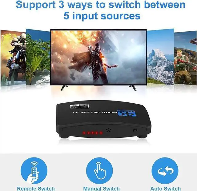 Alt view image 4 of 7 - 5 Port HDMI 2.0b Switch 5 in 1 Out with IR Remote Control, 4K@60Hz UHD HDMI Switcher Selector Box Support HDR HDCP 2.2, Compatible with PS5 Xbox Nintendo Switch Apple TV Laptop TV Box Projector