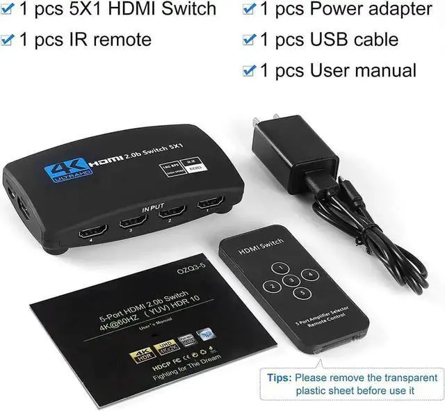 Alt view image 7 of 7 - 5 Port HDMI 2.0b Switch 5 in 1 Out with IR Remote Control, 4K@60Hz UHD HDMI Switcher Selector Box Support HDR HDCP 2.2, Compatible with PS5 Xbox Nintendo Switch Apple TV Laptop TV Box Projector