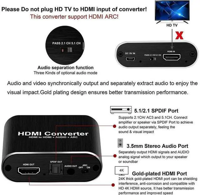 Alt view image 6 of 7 - 4K@60Hz HDMI 1x2 Splitter with Audio Extractor, Optical SPDIF + 3.5mm AUX Output Support ARC 5.1CH Surround Sound HDR 3D HDCP 2.2, Compatible with PS4 Xbox Blu-ray Player TV Projector OZV8