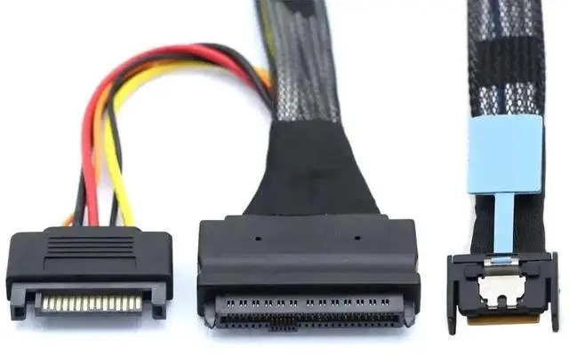 Main image of 100CM Gen5 MCIO 4i SFF-8654 to U.2 NVMe SFF-8639 Adapter Cable with SATA 15Pin Power, PCIe 5.0 High Speed Slim SAS Cord for Server RAID Controller Enterprise SSD Storage Expansion