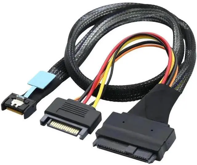 Alt view image 4 of 5 - 100CM Gen5 MCIO 4i SFF-8654 to U.2 NVMe SFF-8639 Adapter Cable with SATA 15Pin Power, PCIe 5.0 High Speed Slim SAS Cord for Server RAID Controller Enterprise SSD Storage Expansion