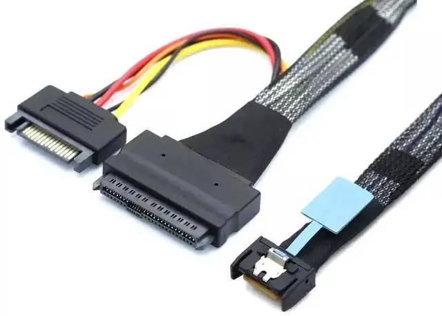 Alt view image 5 of 5 - 100CM Gen5 MCIO 4i SFF-8654 to U.2 NVMe SFF-8639 Adapter Cable with SATA 15Pin Power, PCIe 5.0 High Speed Slim SAS Cord for Server RAID Controller Enterprise SSD Storage Expansion