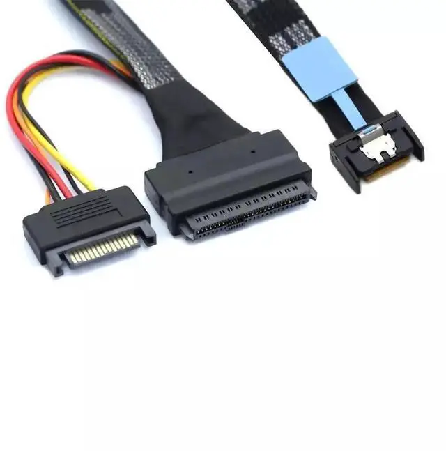 Alt view image 2 of 5 - 100CM Gen5 MCIO 4i SFF-8654 to U.2 NVMe SFF-8639 Adapter Cable with SATA 15Pin Power, PCIe 5.0 High Speed Slim SAS Cord for Server RAID Controller Enterprise SSD Storage Expansion