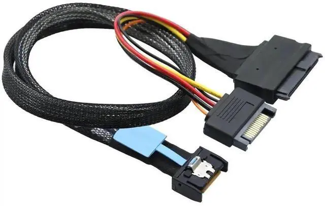 Alt view image 3 of 5 - 100CM Gen5 MCIO 4i SFF-8654 to U.2 NVMe SFF-8639 Adapter Cable with SATA 15Pin Power, PCIe 5.0 High Speed Slim SAS Cord for Server RAID Controller Enterprise SSD Storage Expansion
