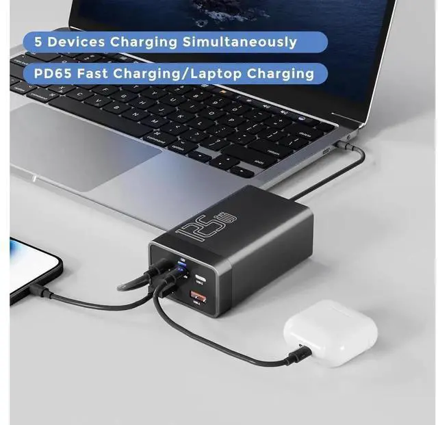 Alt view image 4 of 7 - 125W GaN 5-Port USB Fast Charging Station with LED Digital Display, Multi-Port PD QC USB Charger Hub, Compatible with iPhone 15 14 Pro 13 12 Galaxy S23 S22 S21 Note 20 Ultra LG HTC Smartphones Tablets