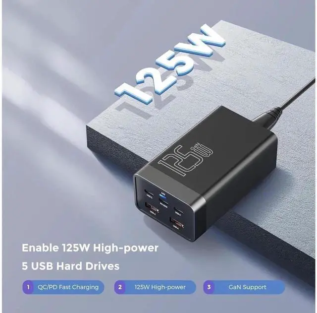 Alt view image 7 of 7 - 125W GaN 5-Port USB Fast Charging Station with LED Digital Display, Multi-Port PD QC USB Charger Hub, Compatible with iPhone 15 14 Pro 13 12 Galaxy S23 S22 S21 Note 20 Ultra LG HTC Smartphones Tablets