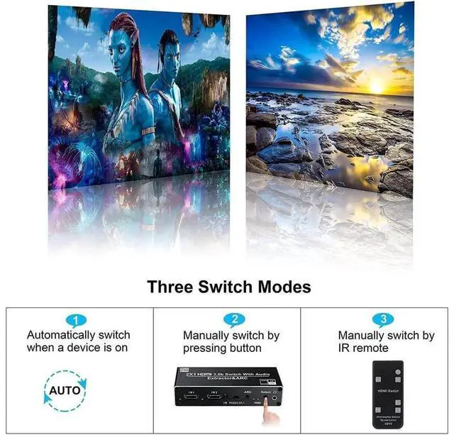 Alt view image 6 of 7 - 2 Port HDMI 2.0b Switch with Audio Extractor IR Remote Control, 2 In 1 Out 4K@60Hz HDMI Switcher, Optical SPDIF Coaxial RCA Stereo Audio Output HDCP 2.2 for Game Consoles Blu-ray TV Projector