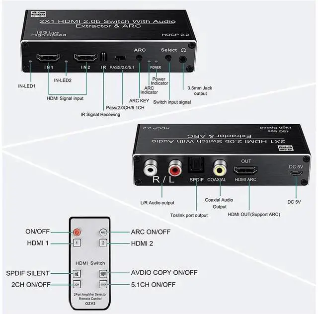 Alt view image 3 of 7 - 2 Port HDMI 2.0b Switch with Audio Extractor IR Remote Control, 2 In 1 Out 4K@60Hz HDMI Switcher, Optical SPDIF Coaxial RCA Stereo Audio Output HDCP 2.2 for Game Consoles Blu-ray TV Projector