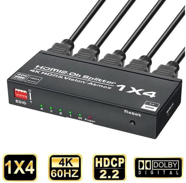 Main image of 1 in 4 Out HDMI 2.0 Splitter 4K@60Hz HDR10 EDID Function, 1x4 Audio Video Distribution Box Support 3D HDCP 2.2, Compatible with HDTV STB DVD Player PS3 Game Console Projector eokCXOY