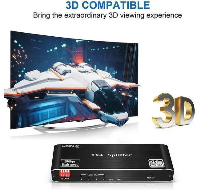 Alt view image 7 of 7 - 1 in 4 Out HDMI 2.0 Splitter 4K 60Hz 8Bit 8:8:8 18Gbps with EDID Management & Audio Extractor, 4-Port HDMI Video Distributor for PS5 Xbox Roku Gaming Monitor TV Display Duplication