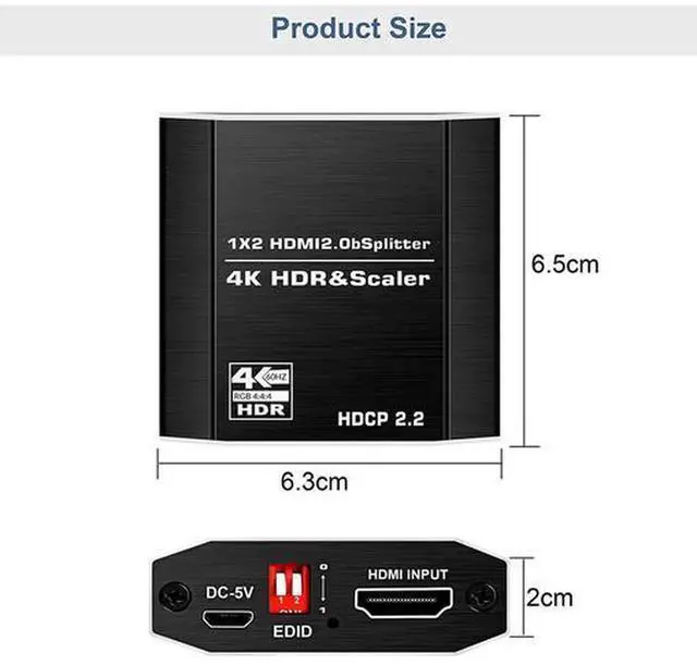 Alt view image 6 of 7 - HDMI 2.0 1 In 2 Out Splitter 4K 60Hz 4:4:4 Color Sampling with HDCP 2.2 Bypass & HDR10 Function, Dual Screen Mirror Duplicate Video Distributor for Dual Monitors Laptop PC Game Console Display Extensi