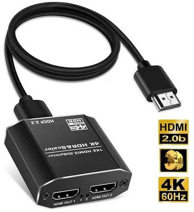 Alt view image 4 of 7 - HDMI 2.0 1 In 2 Out Splitter 4K 60Hz 4:4:4 Color Sampling with HDCP 2.2 Bypass & HDR10 Function, Dual Screen Mirror Duplicate Video Distributor for Dual Monitors Laptop PC Game Console Display Extensi