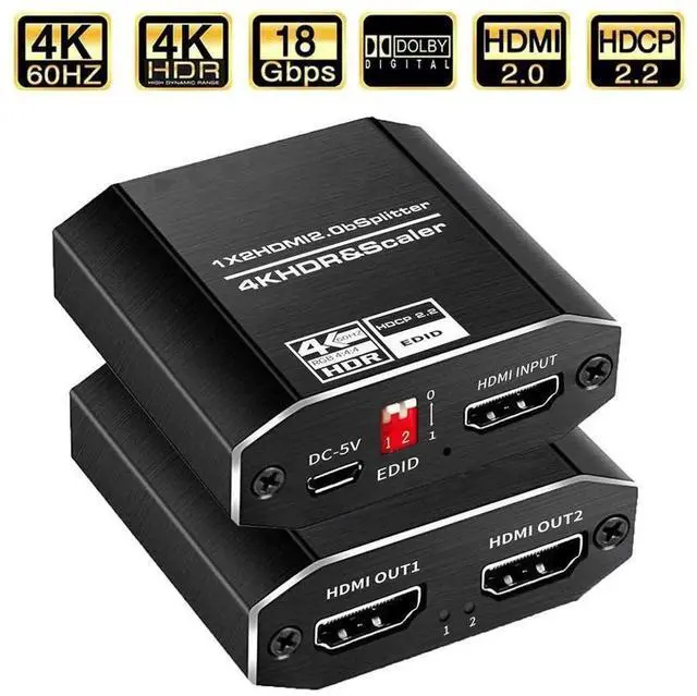 Main image of 1 In 2 Out HDMI 2.0 Splitter with Independent Scaler Function, 4K@60Hz HDR10 HDCP2.2 4:4:4 Color, 4 EDID Modes, One Port 4K 60Hz While Another 1080P Output for Dual Different Resolution Displays