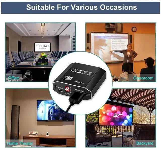 Alt view image 7 of 7 - 1 In 2 Out HDMI 2.0 Splitter with Independent Scaler Function, 4K@60Hz HDR10 HDCP2.2 4:4:4 Color, 4 EDID Modes, One Port 4K 60Hz While Another 1080P Output for Dual Different Resolution Displays