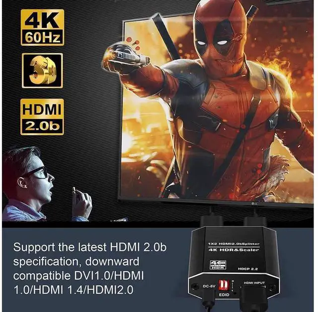 Alt view image 2 of 7 - 1 In 2 Out HDMI 2.0 Splitter with Independent Scaler Function, 4K@60Hz HDR10 HDCP2.2 4:4:4 Color, 4 EDID Modes, One Port 4K 60Hz While Another 1080P Output for Dual Different Resolution Displays