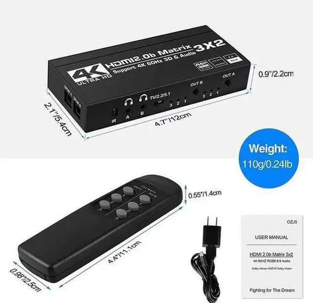 Alt view image 5 of 5 - 3 In 2 Out HDMI 2.0 Matrix Switch 4K@60Hz HDR 3D HDCP2.2 with Independent Dual Audio Extractor & IR Remote Control, 3x2 HDMI Video Matrix Selector for Home Theater Multi-Room TV Display Distribution S