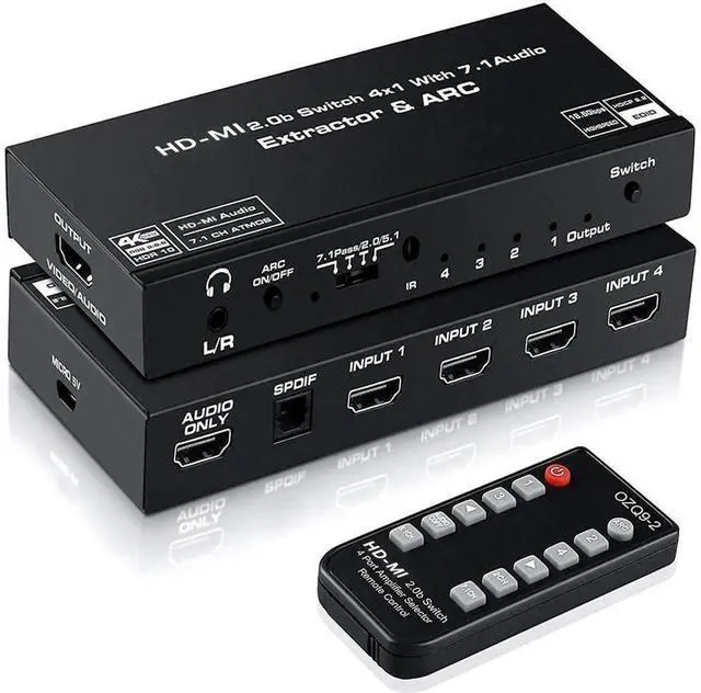 Main image of 4 In 1 Out HDMI 2.0 Switch with Audio Extractor, 4K@60Hz HDR ARC HDCP 2.2 EDID Dolby Atmos 7.1CH Surround Sound, Optical SPDIF + 3.5mm Audio Output with IR Remote for Home Theater Game Consoles