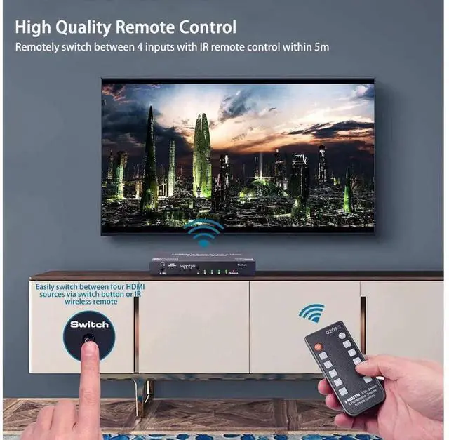 Alt view image 6 of 7 - 4 In 1 Out HDMI 2.0 Switch with Audio Extractor, 4K@60Hz HDR ARC HDCP 2.2 EDID Dolby Atmos 7.1CH Surround Sound, Optical SPDIF + 3.5mm Audio Output with IR Remote for Home Theater Game Consoles