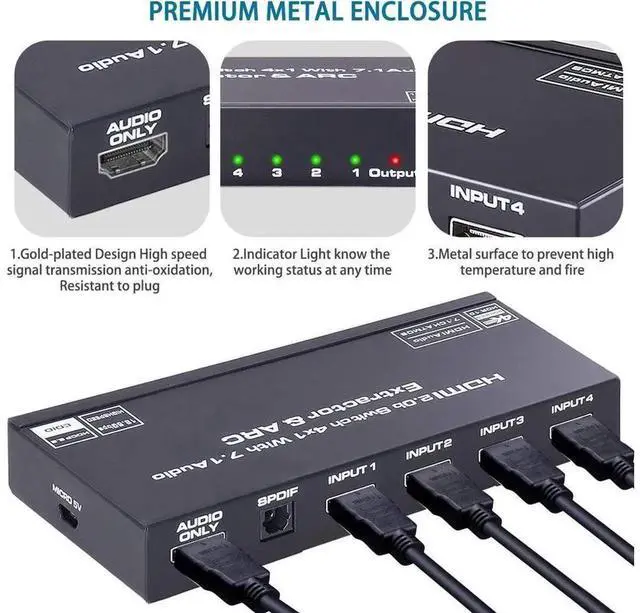 Alt view image 7 of 7 - 4 In 1 Out HDMI 2.0 Switch with Audio Extractor, 4K@60Hz HDR ARC HDCP 2.2 EDID Dolby Atmos 7.1CH Surround Sound, Optical SPDIF + 3.5mm Audio Output with IR Remote for Home Theater Game Consoles