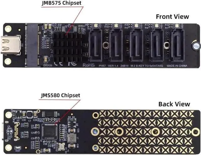Alt view image 5 of 7 - USB 3.1 Gen 2 Type-C to 5-Port SATA 3.0 Port Multiplier Expansion Adapter Card, Dual JMicron JMS580 + JMB575 Chipset, 10Gbps High Speed for External Multi HDD SSD Storage Extension on PC Laptop Embedd