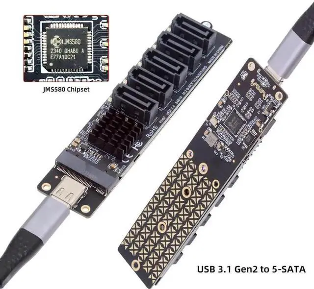 Alt view image 2 of 7 - USB 3.1 Gen 2 Type-C to 5-Port SATA 3.0 Port Multiplier Expansion Adapter Card, Dual JMicron JMS580 + JMB575 Chipset, 10Gbps High Speed for External Multi HDD SSD Storage Extension on PC Laptop Embedd