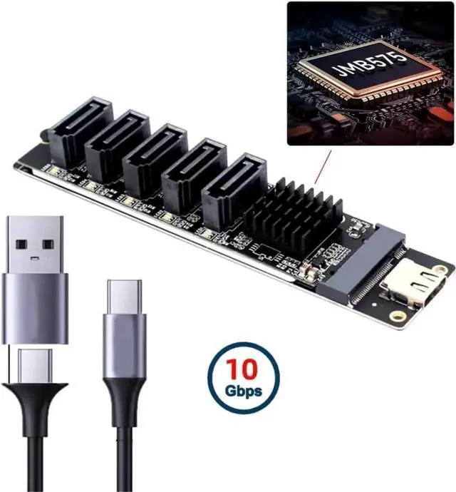 Alt view image 4 of 7 - USB 3.1 Gen 2 Type-C to 5-Port SATA 3.0 Port Multiplier Expansion Adapter Card, Dual JMicron JMS580 + JMB575 Chipset, 10Gbps High Speed for External Multi HDD SSD Storage Extension on PC Laptop Embedd