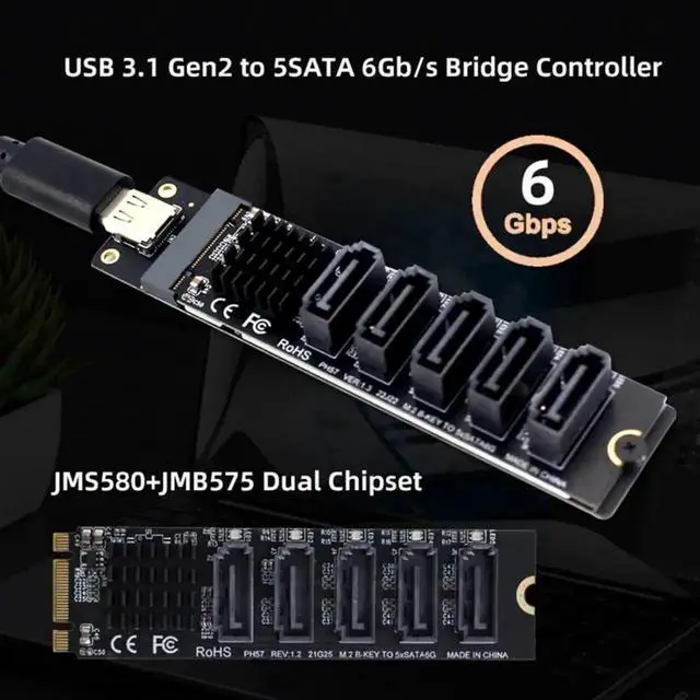 Alt view image 7 of 7 - USB 3.1 Gen 2 Type-C to 5-Port SATA 3.0 Port Multiplier Expansion Adapter Card, Dual JMicron JMS580 + JMB575 Chipset, 10Gbps High Speed for External Multi HDD SSD Storage Extension on PC Laptop Embedd
