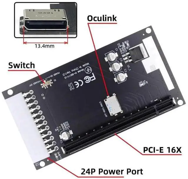 Alt view image 6 of 7 - Oculink SFF-8611 SFF-8612 4X to PCIe x16 Graphics Card Adapter with ATX 24Pin Power Supply Port, PCIe 4.0 High Bandwidth eGPU Riser Card for ITX NUC Mini PC Laptop External GPU Motherboard Expansion