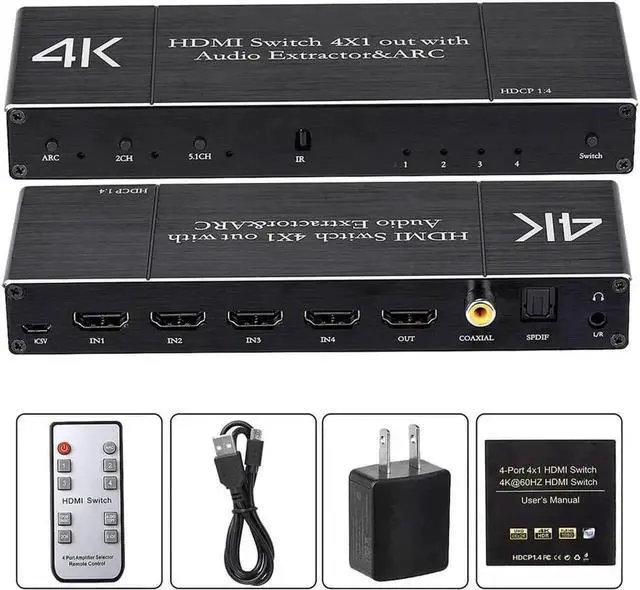 Alt view image 3 of 7 - 4x1 HDMI 2.0 4K@60Hz Switcher with Audio Extractor ARC Function, 4 In 1 Out HDMI Selector with SPDIF Coaxial 3.5mm Jack Audio Output for PS3 PS4 Apple TV HDTV Projector Home Theater System