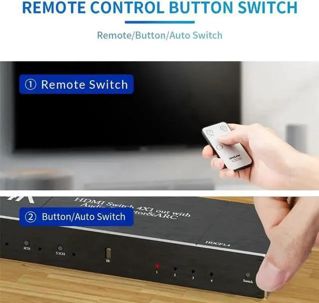 Alt view image 6 of 7 - 4x1 HDMI 2.0 4K@60Hz Switcher with Audio Extractor ARC Function, 4 In 1 Out HDMI Selector with SPDIF Coaxial 3.5mm Jack Audio Output for PS3 PS4 Apple TV HDTV Projector Home Theater System