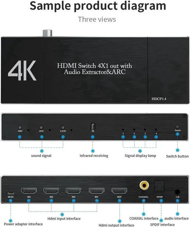 Alt view image 2 of 7 - 4x1 HDMI 2.0 4K@60Hz Switcher with Audio Extractor ARC Function, 4 In 1 Out HDMI Selector with SPDIF Coaxial 3.5mm Jack Audio Output for PS3 PS4 Apple TV HDTV Projector Home Theater System