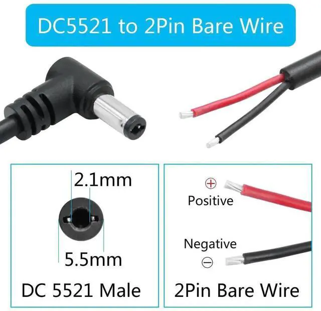 Alt view image 3 of 7 - 4 Pack 0.5M 18AWG Right Angle DC 5.5x2.1mm Male Pigtail Cable, 90 Degree DC5521 Plug to 2-Pin Bare Open End Wires, DIY Repair Replacement Power Cord for Router CCTV Camera LED Strip DC Power Project W