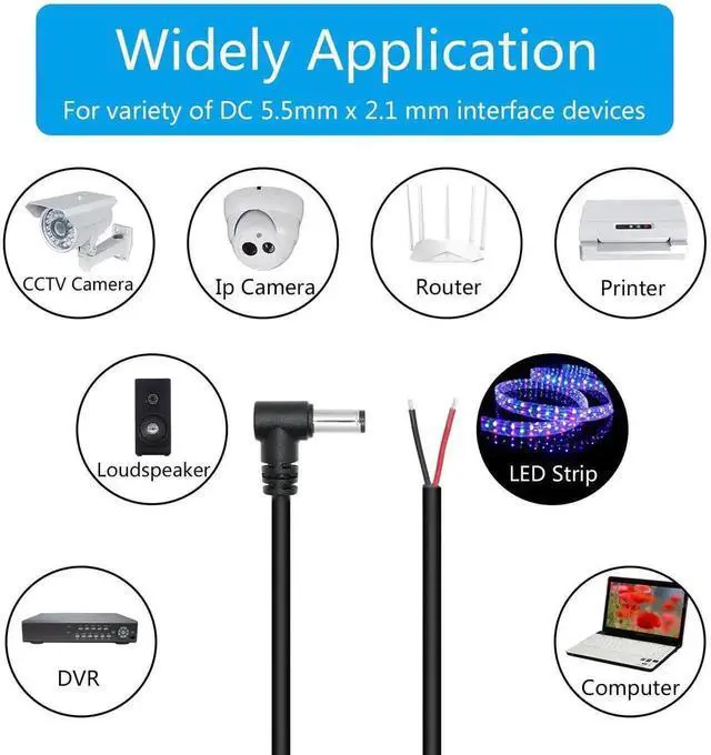 Alt view image 4 of 7 - 4 Pack 0.5M 18AWG Right Angle DC 5.5x2.1mm Male Pigtail Cable, 90 Degree DC5521 Plug to 2-Pin Bare Open End Wires, DIY Repair Replacement Power Cord for Router CCTV Camera LED Strip DC Power Project W