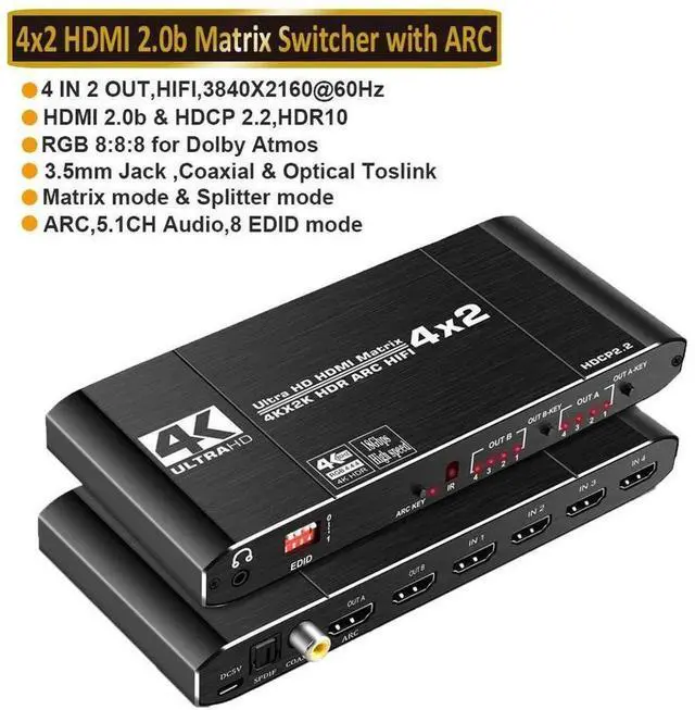 Main image of OZJ2 4x2 HDMI 2.0b Matrix Switch Splitter 18.5Gbps 4K@60Hz HDR 3D HDCP2.2, 4 In 2 Out HDMI-Compatible Matrix with SPDIF Optical & 3.5mm L/R Stereo Audio Extractor for Game Consoles TV Monitor Projecto