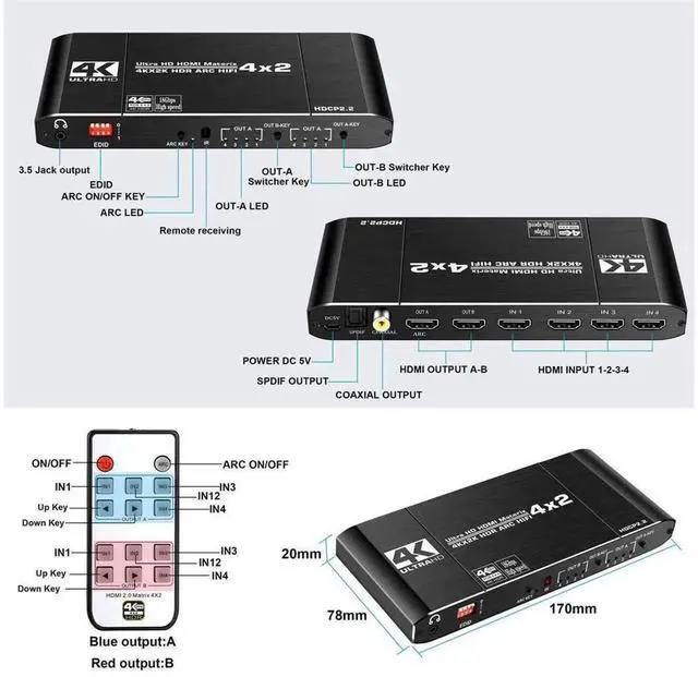 Alt view image 4 of 7 - OZJ2 4x2 HDMI 2.0b Matrix Switch Splitter 18.5Gbps 4K@60Hz HDR 3D HDCP2.2, 4 In 2 Out HDMI-Compatible Matrix with SPDIF Optical & 3.5mm L/R Stereo Audio Extractor for Game Consoles TV Monitor Projecto