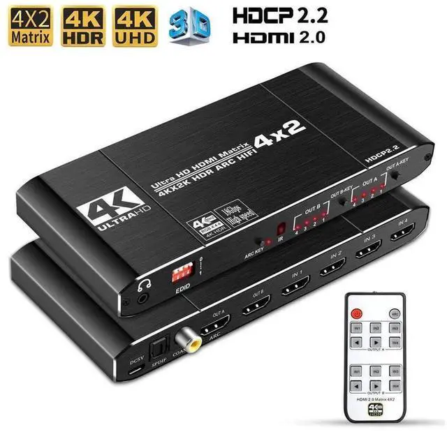 Main image of 4x2 HDMI 2.0 Matrix Switch Splitter 4K@60Hz HDR 18Gbps with ARC Audio Extractor, SPDIF Coaxial 3.5mm Port, EDID Adjustable HDCP2.2 for Dual Monitor Home Theater AV System