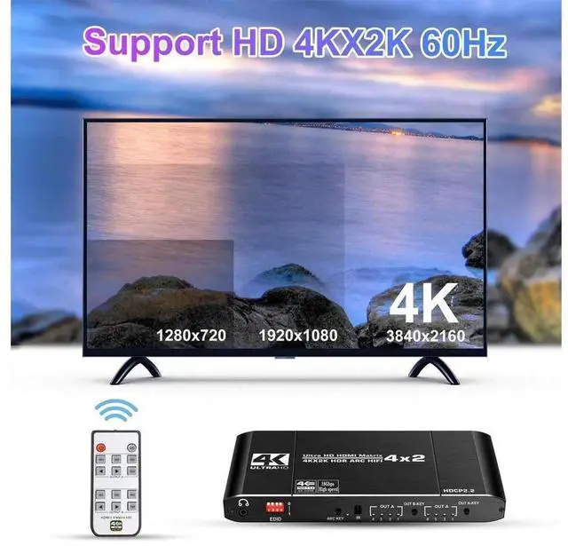 Alt view image 2 of 7 - 4x2 HDMI 2.0 Matrix Switch Splitter 4K@60Hz HDR 18Gbps with ARC Audio Extractor, SPDIF Coaxial 3.5mm Port, EDID Adjustable HDCP2.2 for Dual Monitor Home Theater AV System