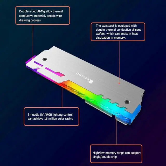Alt view image 4 of 5 - 2 Pack NC-3 ARGB RAM Heatsink Cooler with 5V 3Pin Sync Header, Aluminum Memory Radiator Cooling Vest Heat Dissipation Pad for Desktop DDR4 DDR5 PC Gaming Memory Module Modding