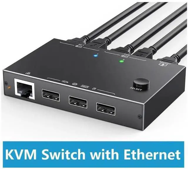 Main image of 2 Port HDMI KVM Switch with RJ45 Ethernet Port 4K@60Hz, 2 In 1 Out KVM Switcher for 2 PCs Sharing 1 Monitor Keyboard Mouse and 3 USB Peripherals, Desktop Office Host Control Hub