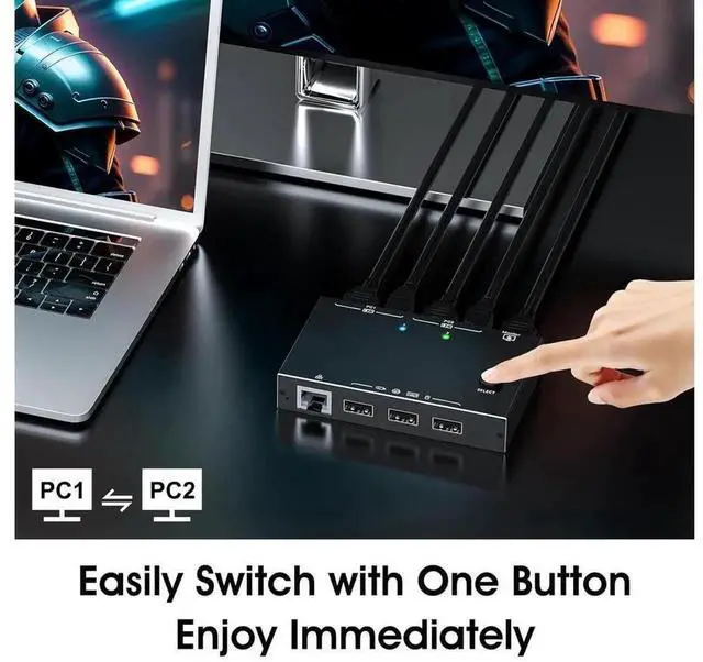 Alt view image 6 of 7 - 2 Port HDMI KVM Switch with RJ45 Ethernet Port 4K@60Hz, 2 In 1 Out KVM Switcher for 2 PCs Sharing 1 Monitor Keyboard Mouse and 3 USB Peripherals, Desktop Office Host Control Hub